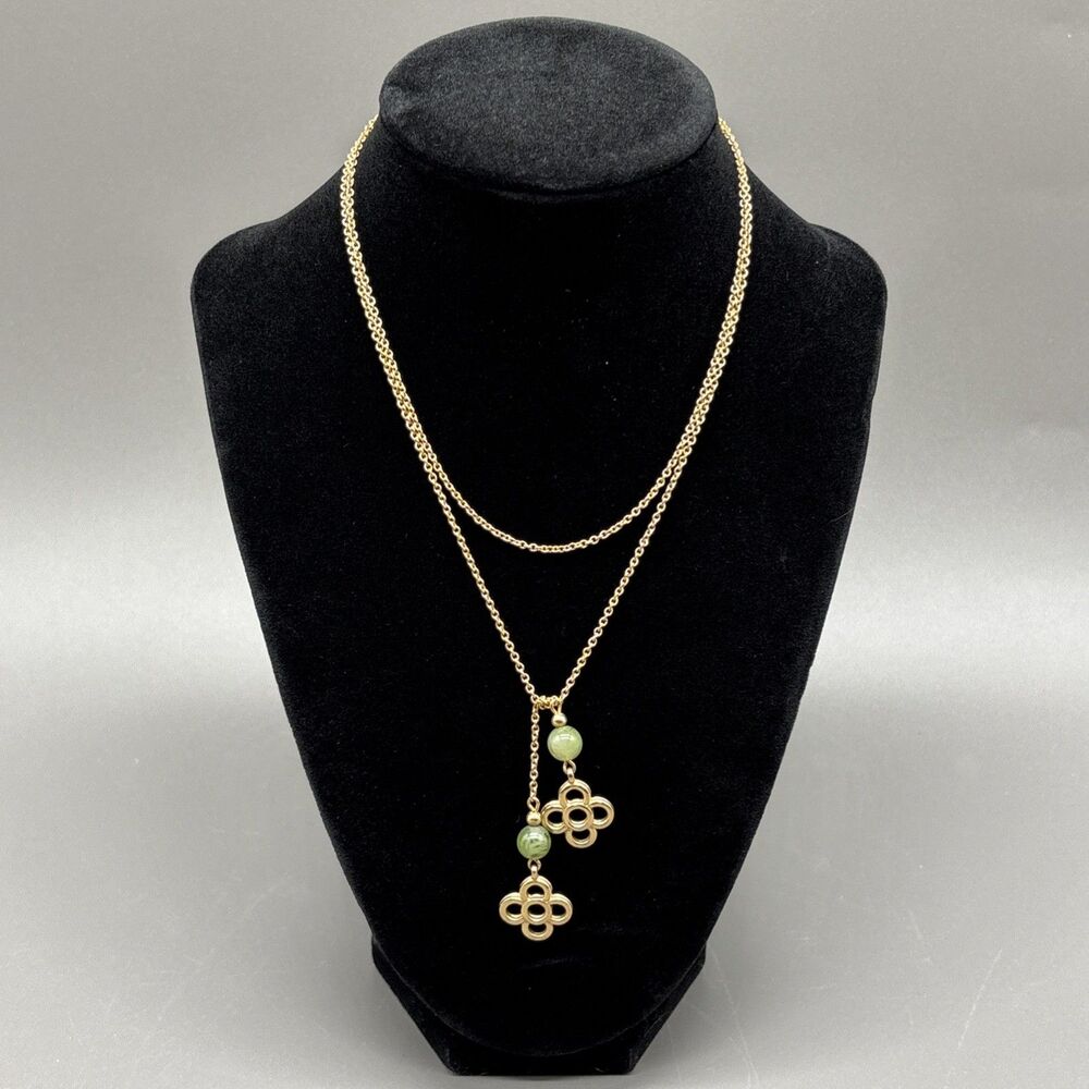 Vintage Avon Florette Lariat Necklace Gold Tone Faux Jade Bead 34" 1979